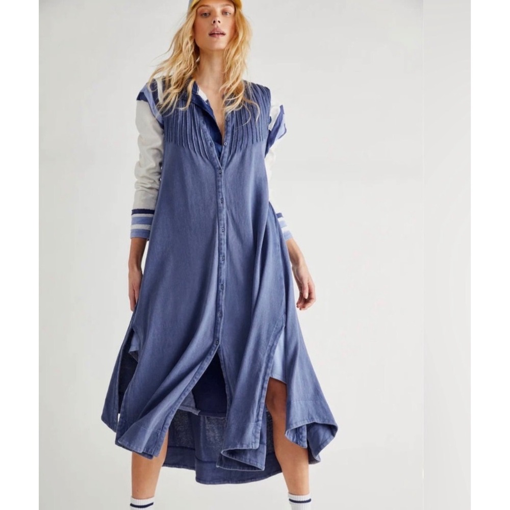 Free People Pintucked Maxi Midi Dress Blue High Low Button Front Sleeveless Sm